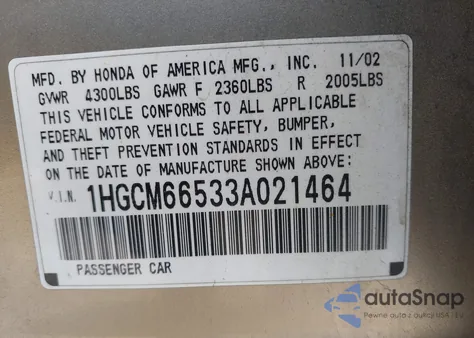 2003 Honda Accord 3.0 Ex z USA, uszkodzony, nr VIN 1HGCM66533A021464